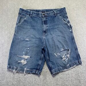 Full Blue Denim Shorts‎ 36 Blue Distressed Carpenter Ripped Frayed Work Grunge